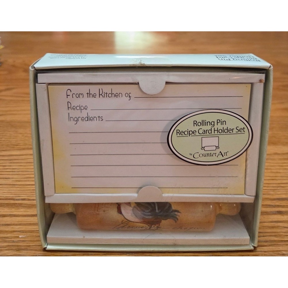 Vintage Rooster Rolling Pin Recipe Card Holder With Recipe Cards Grandma Core